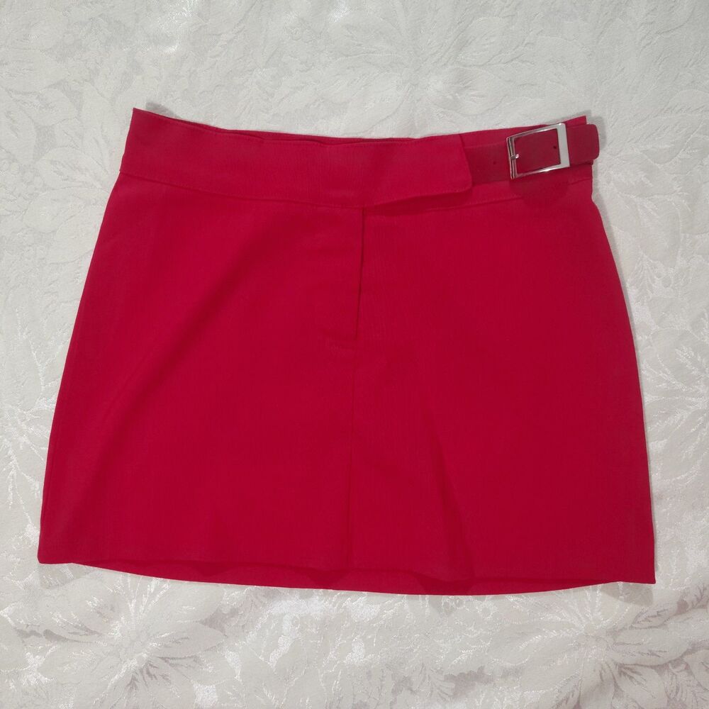 Vintage 90s Y2K Rave Stretch Red Mini Skirt Silver Buckle Accent Clubwear Grunge